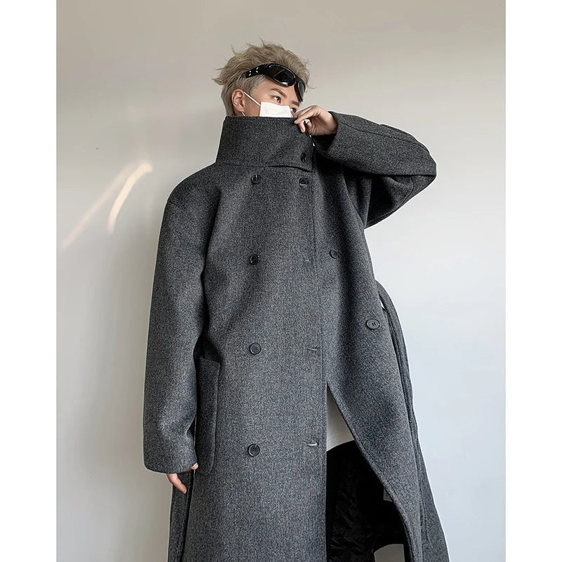 ZEESHANT Men's Double-Breasted Wool Blend Overcoat with Belt Loose Fit Solid Color Stand Collar Mid-Length Trench Coat for Autumn Winter