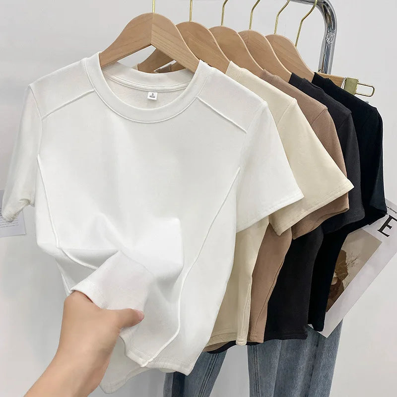 Women's T Shirts Solid Color Round Neck Short Sleeve Slim Versatile T Shirts Women 2026 Summer Fashionable Age Reduction Tops