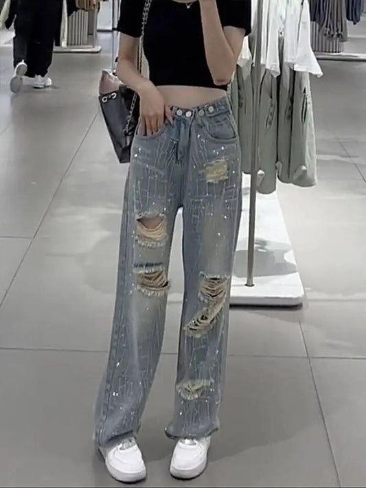 Female Cowboy Pants with Rhinestones Women's Torn Jeans High Waist Shot Wide Leg Trousers Summer Unique Shiny Original Pant 90s
