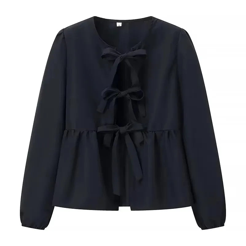 HH Shirts For Women Elegant Front Bow Tie Solid Blouse Puff Sleeve Spring Summer Casual Beach Vacation Streetwear Party Top