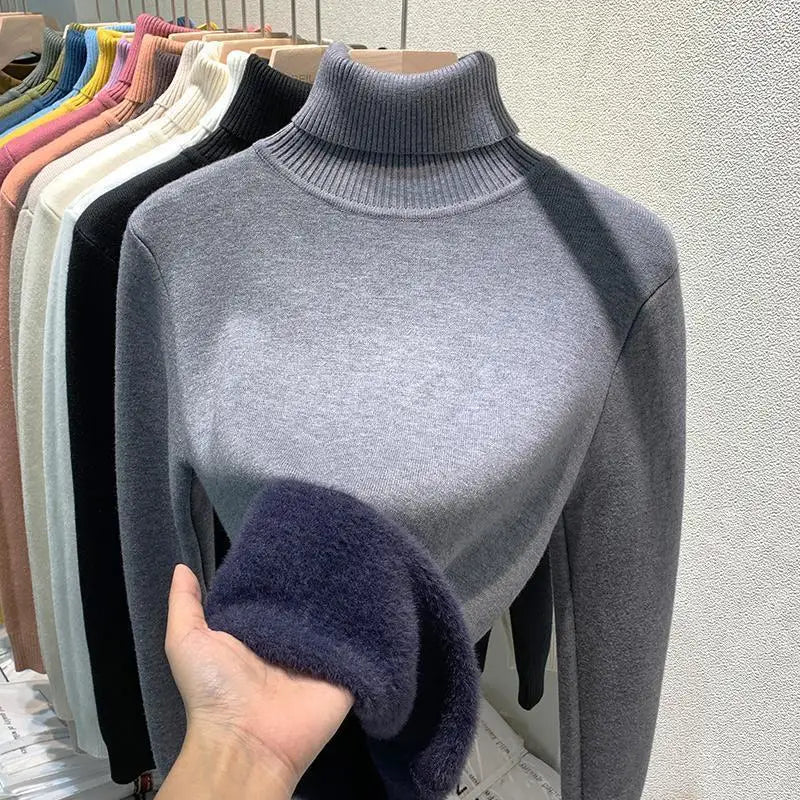 Women's Clothing Sweaters High Collar Knitted Top 2023 Autumn Winter plush thickened lining black long sleeved bottom Pullovers