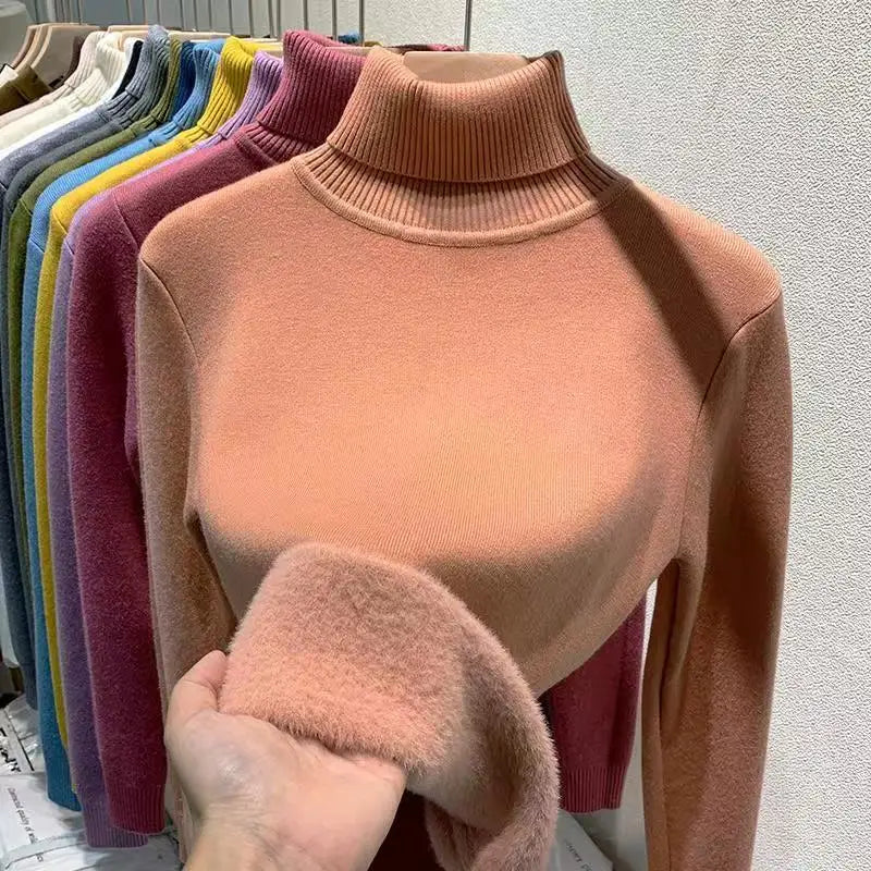 Women's Clothing Sweaters High Collar Knitted Top 2023 Autumn Winter plush thickened lining black long sleeved bottom Pullovers