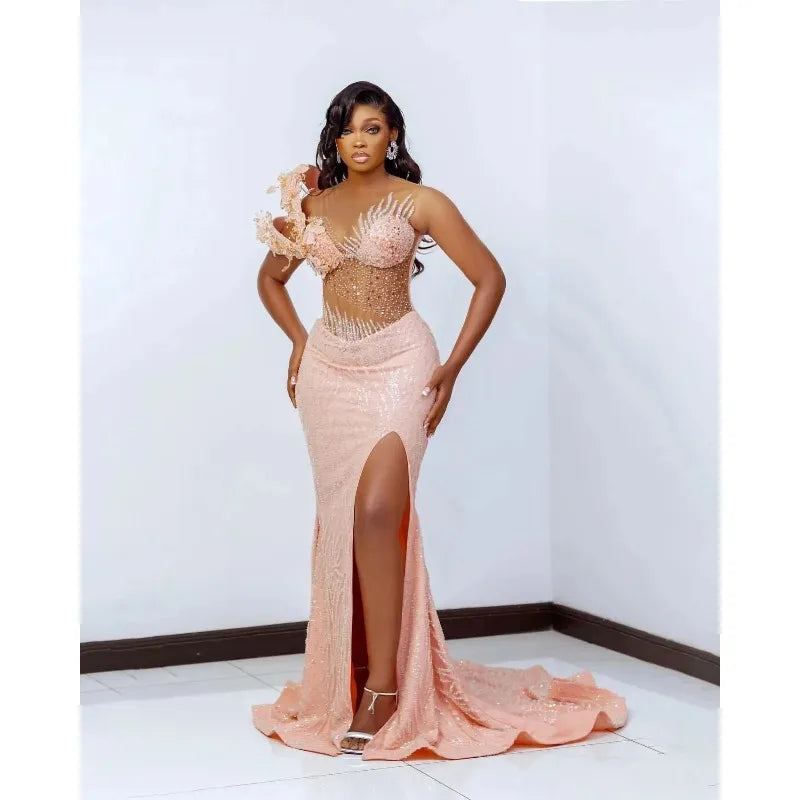 Exquisite Evening Dresses For Women Sheer Neck Sleeveless Gown Sequins Appliques Split Side Sweep Train Party Dress Customized