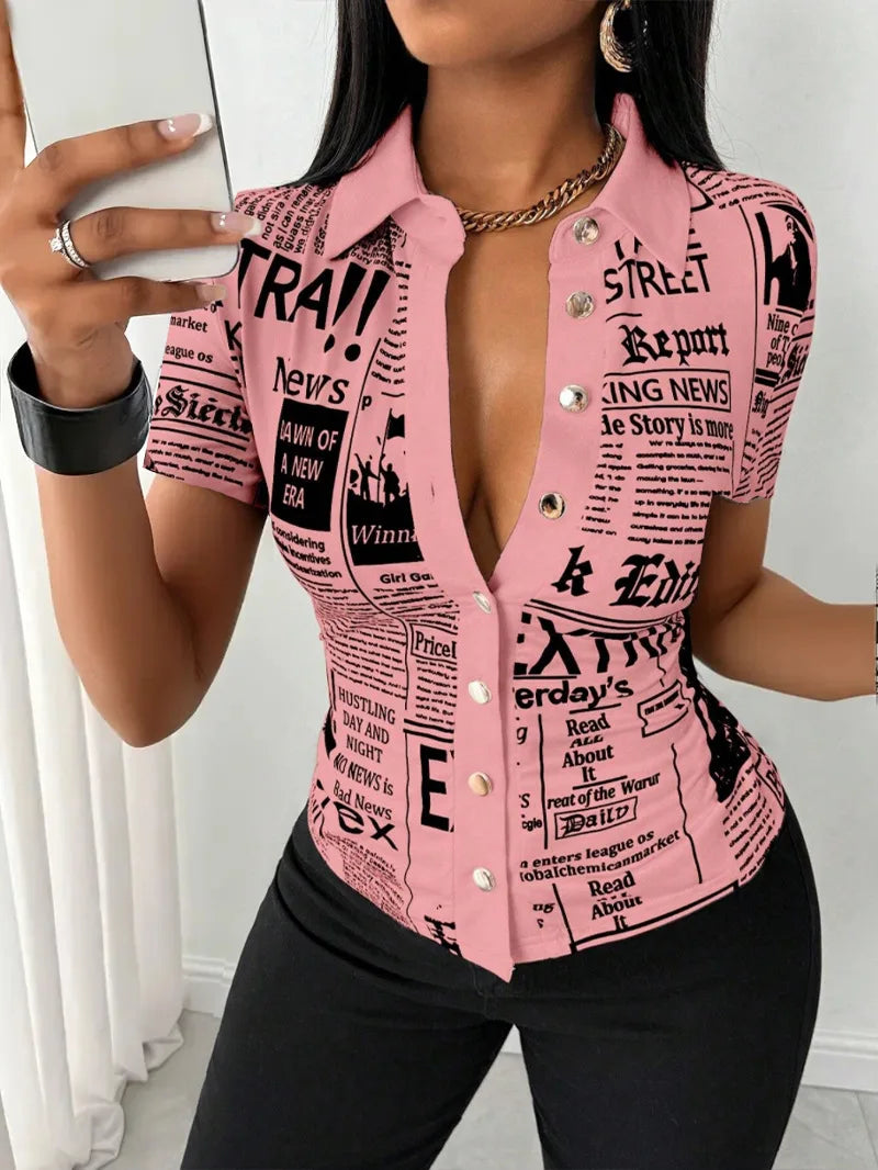 Shirt Top Women Letter Print Blouse Turn Down Collar Single Breasted Short Sleeves Tops 2025 Summer Office Lady Overshirt