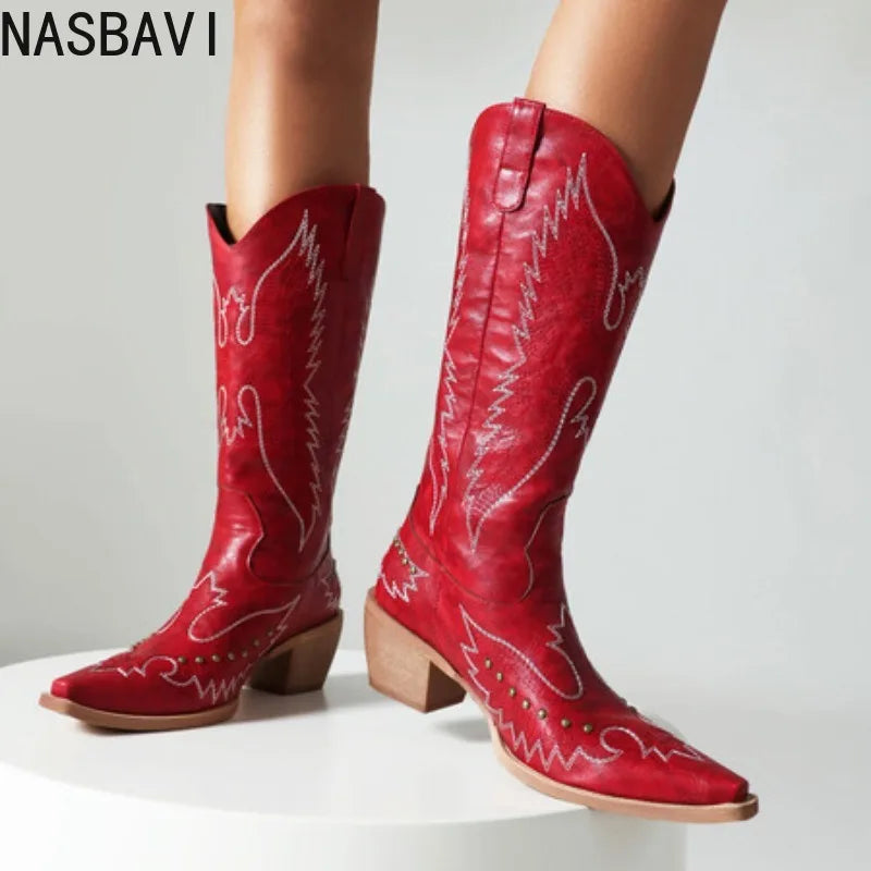 NASBAVI Red Embroidered Pointed Toe Western Knee High Wide Calf Cowgirl Boots