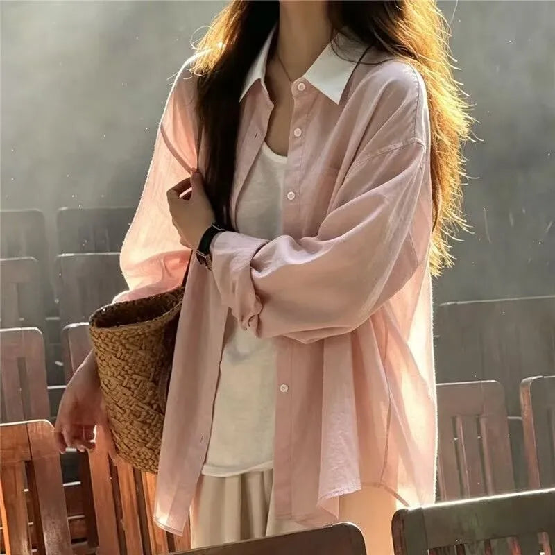 Womens Shirts Long sleeve Loose Thin Blouse 10 colors