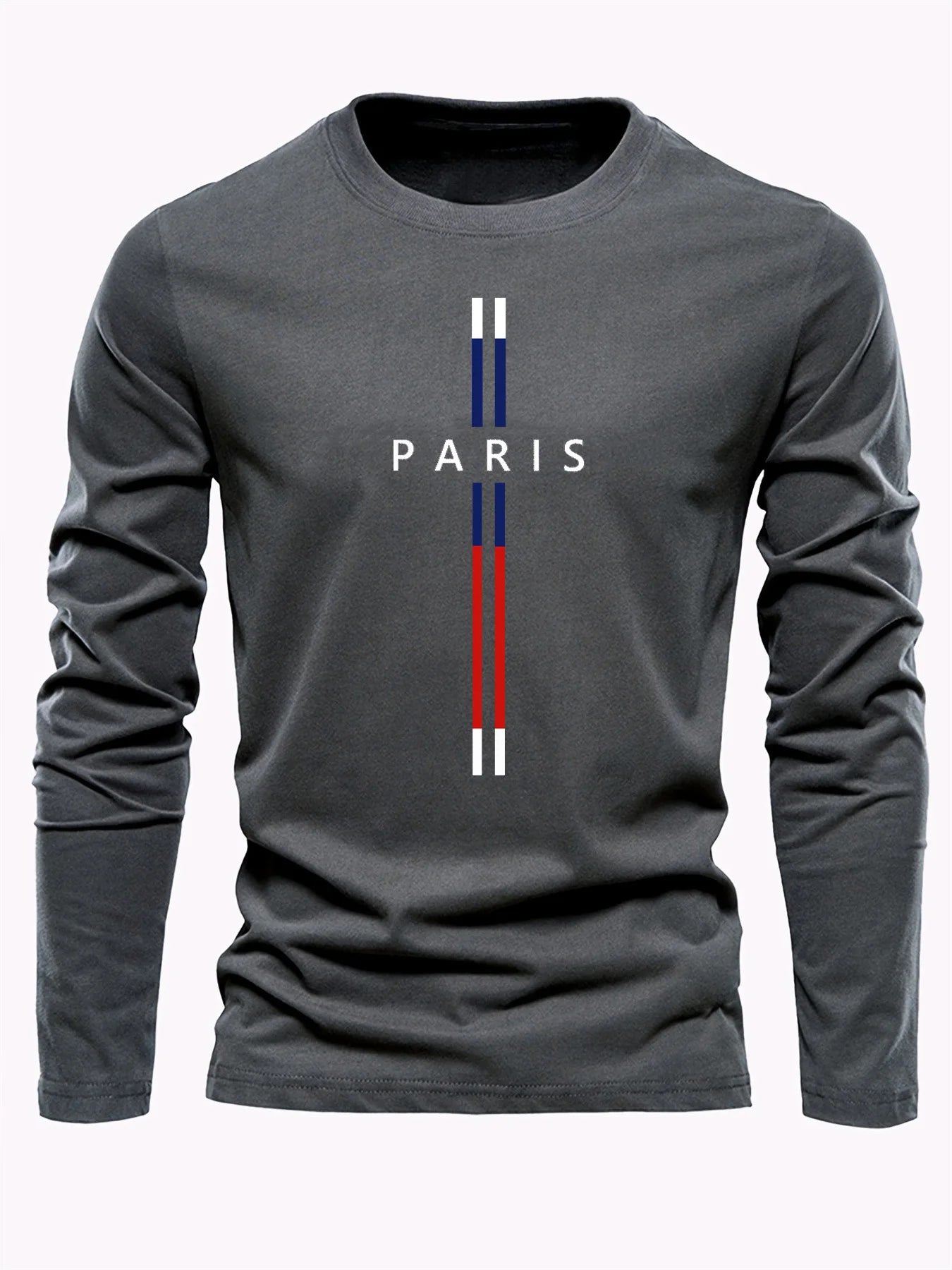 Paris Letter graphic print men's 100% pure cotton loose and comfortable sports and leisure round neck long sleeved T-shirt top