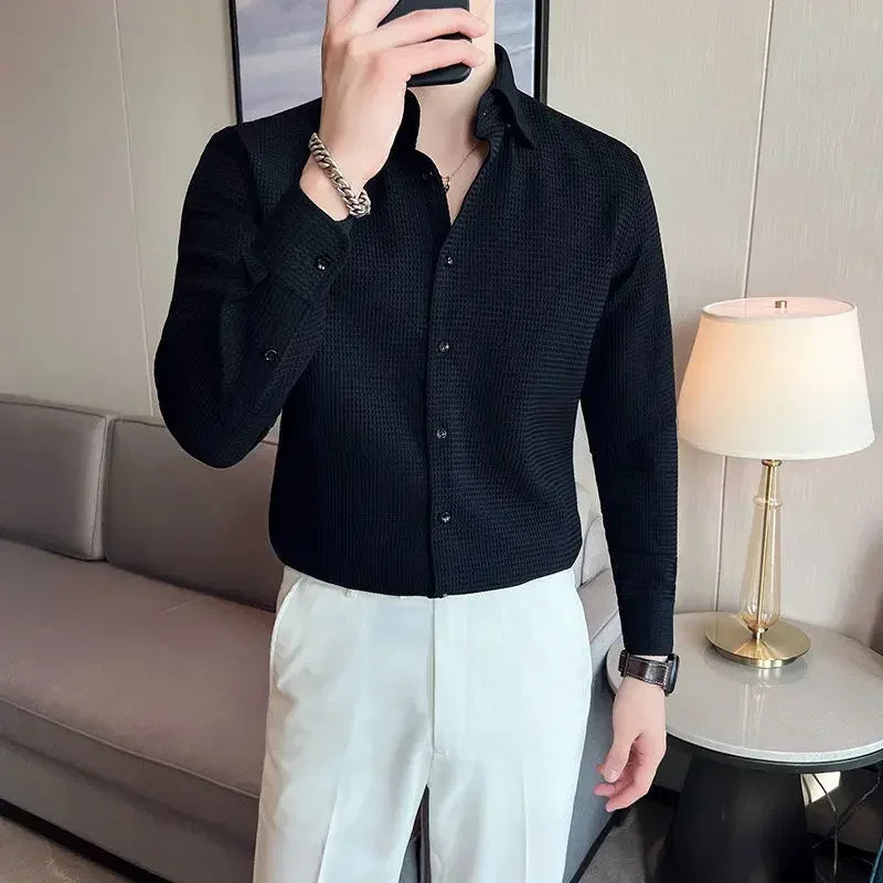Male Shirts Green Plain Men's Shirt Business Waffle Designer Fashion 2025 Hipster Regular Elegant Slim Fit Cheap Brand Social I