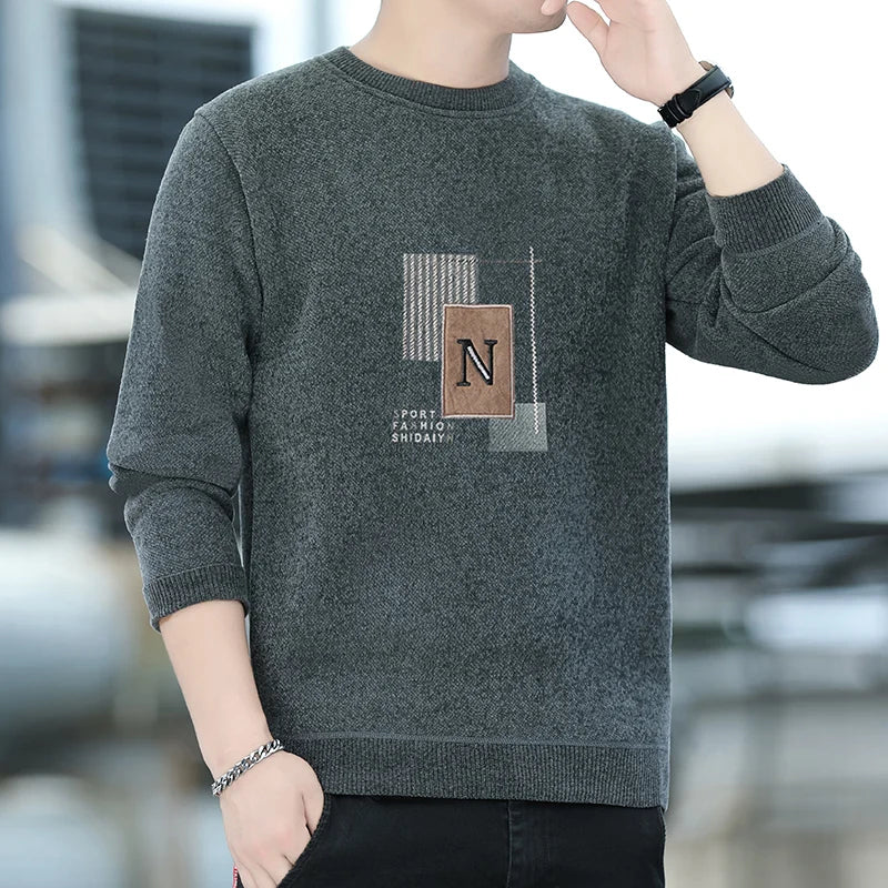 Men's Sweater Patckwork Round Neck Pullovers Fleece Lined Thick Warm Winter Knitwear Fashion Jumpers Men's Clothes