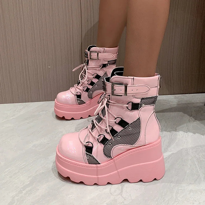 2025 New Design Punk Gothic Motorcycle Platform Boots (Chunky High Heel Ankle Boots Cool Wedge Black for Women)