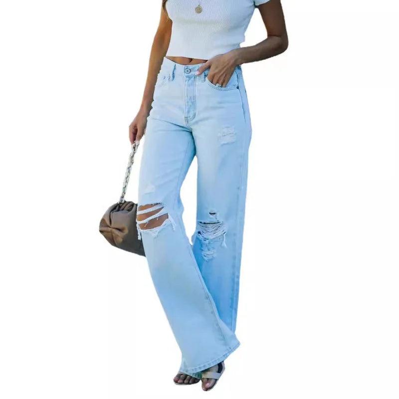 LIXZ Women's Light Washed Ripped Denim Jeans Casual Trendy High Waist Straight Leg Pants
