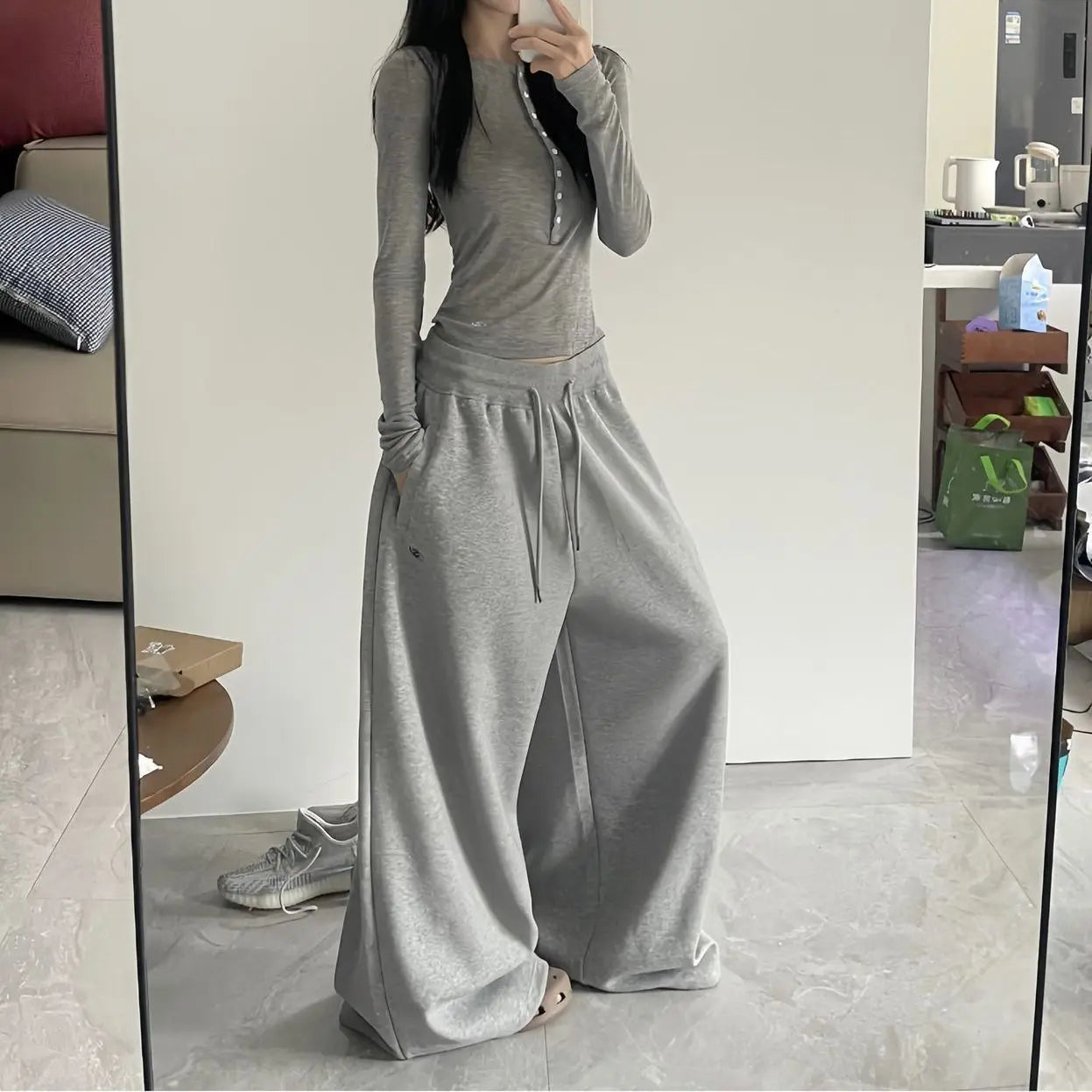 Oversized Grey Black Sweatpants Y2K Korean Streetwear Loose Casual Jogger Pants High Waist All Match Drawstring Trousers