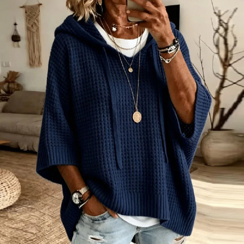 Women Knit Hooded Sweaters Drawstring Hood V Neck 3/4 Sleeve Loose Pullovers Solid Soft New Casual Autumn Winter Streetwear Tops