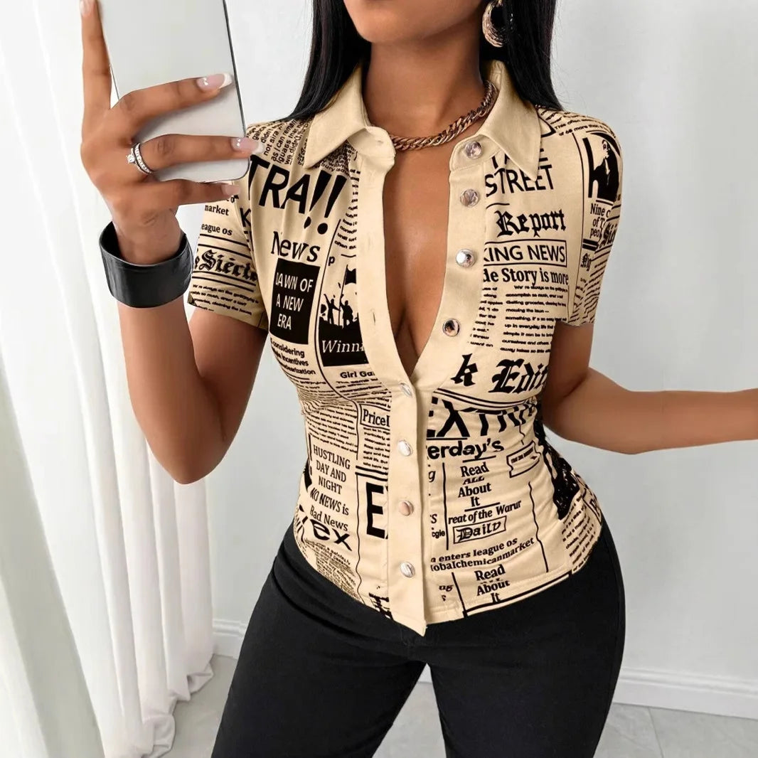 Shirt Top Women Letter Print Blouse Turn Down Collar Single Breasted Short Sleeves Tops 2025 Summer Office Lady Overshirt