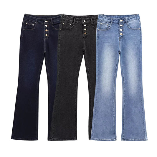Women's Jeans Basic All-Match Slimming Denim Pants Fashion Metal Button High Waist Flared Pant High End Sense Casual Trousers