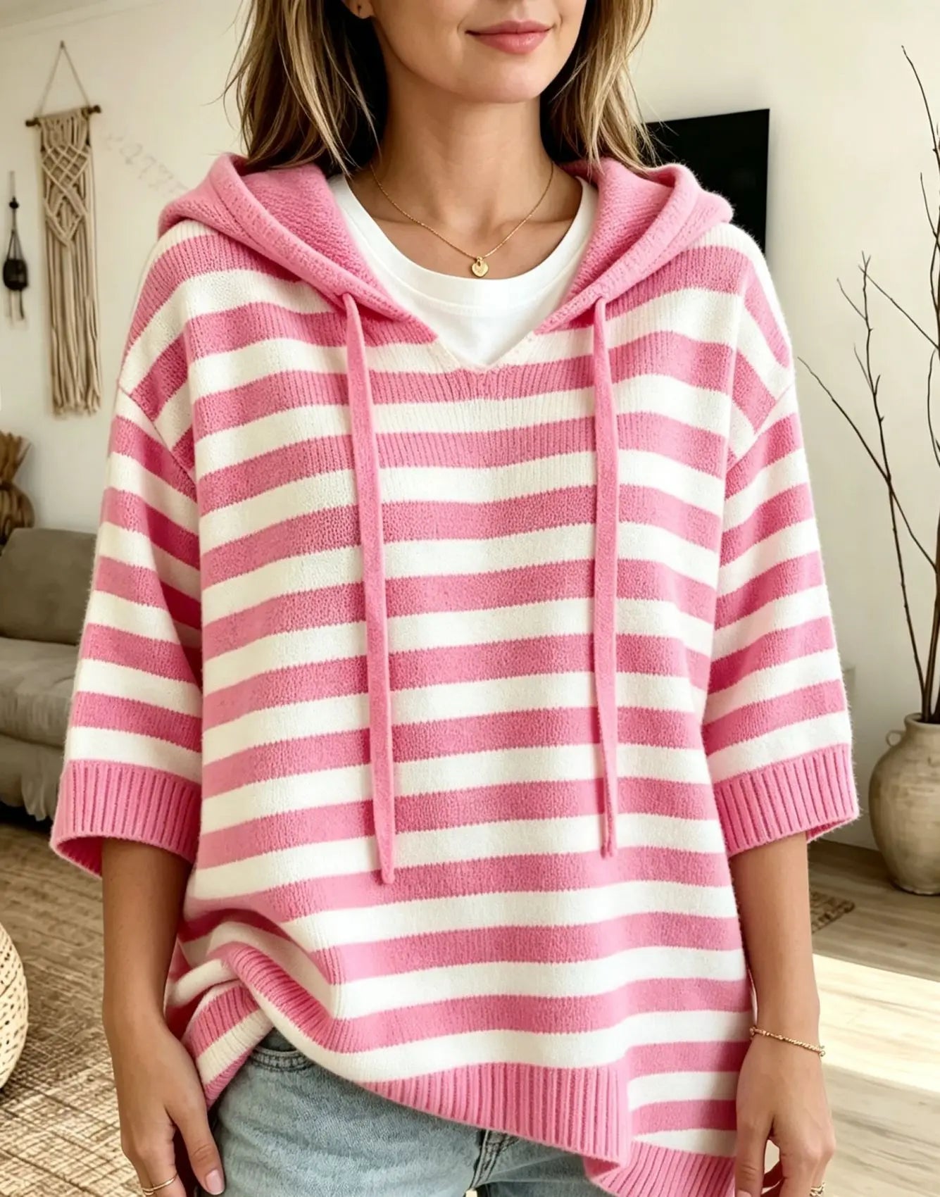 Women's Sweater New Hooded Drawstring Knitted Sweater Loose Long Sleeve Striped Jumper Women