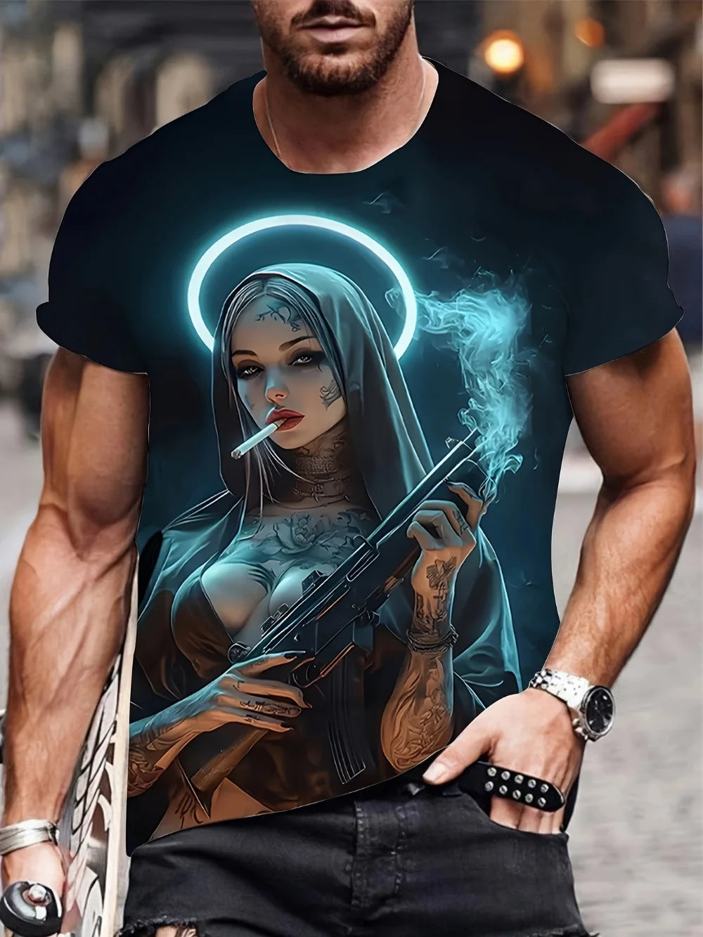Men's  with Smoking Nun 3D Graphic T-Shirt Black Casual Summer Tee Short Sleeves Polyester  Streetwear T-Shirts Vintage Clothing