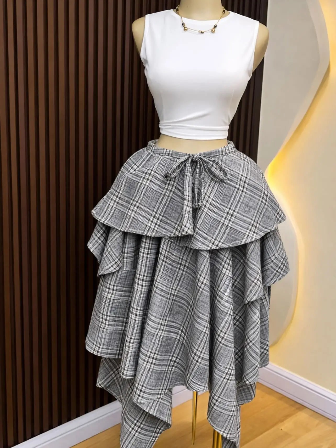 Skirts Women Mid Length Skirt A Line High Waist Slim Fit Plaid Print Casual Elegant Splice Y2k Streetwear Work 2026 Summer