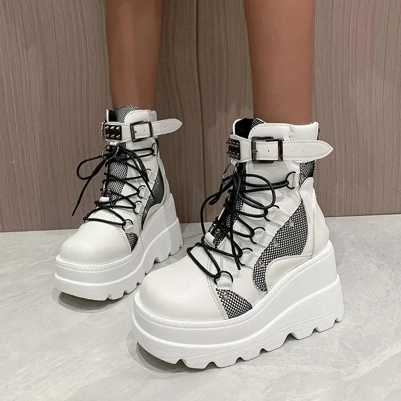 2025 New Design Punk Gothic Motorcycle Platform Boots (Chunky High Heel Ankle Boots Cool Wedge Black for Women)