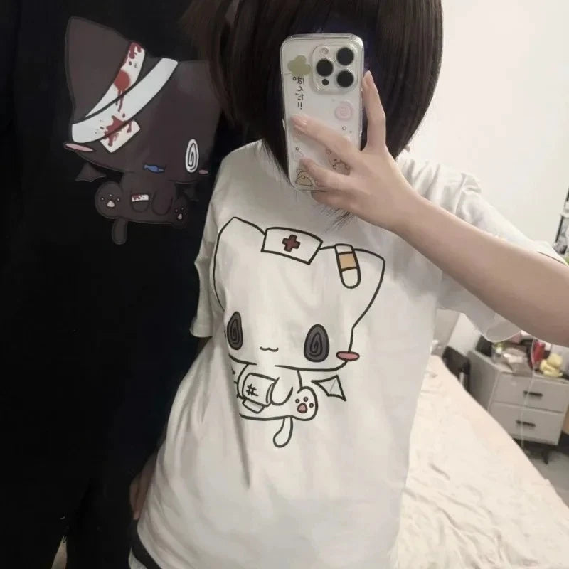 Women T Shirts Cartoon Printed Funny Couple Sweet Short Sleeve O Neck Loose Y2k Harajuku Tops Female Casual Tshirt Streetwear