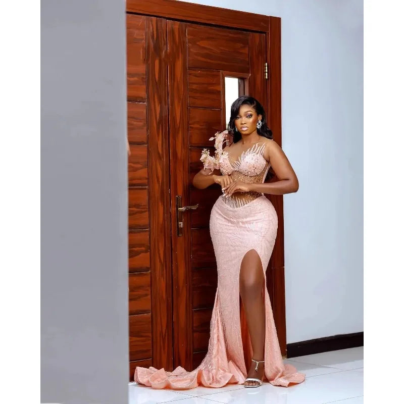 Exquisite Evening Dresses For Women Sheer Neck Sleeveless Gown Sequins Appliques Split Side Sweep Train Party Dress Customized