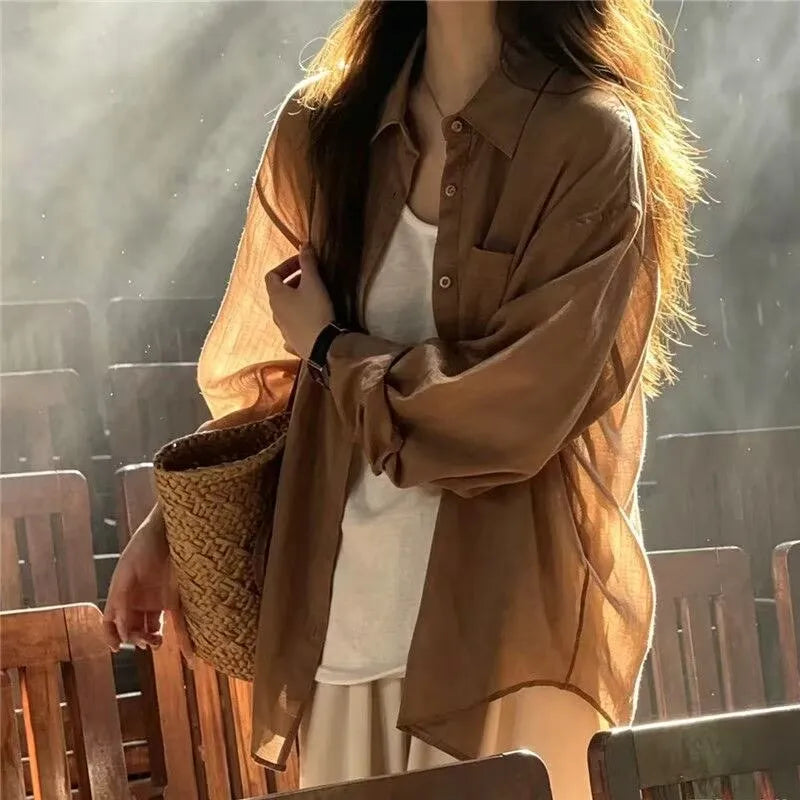 Womens Shirts Long sleeve Loose Thin Blouse 10 colors