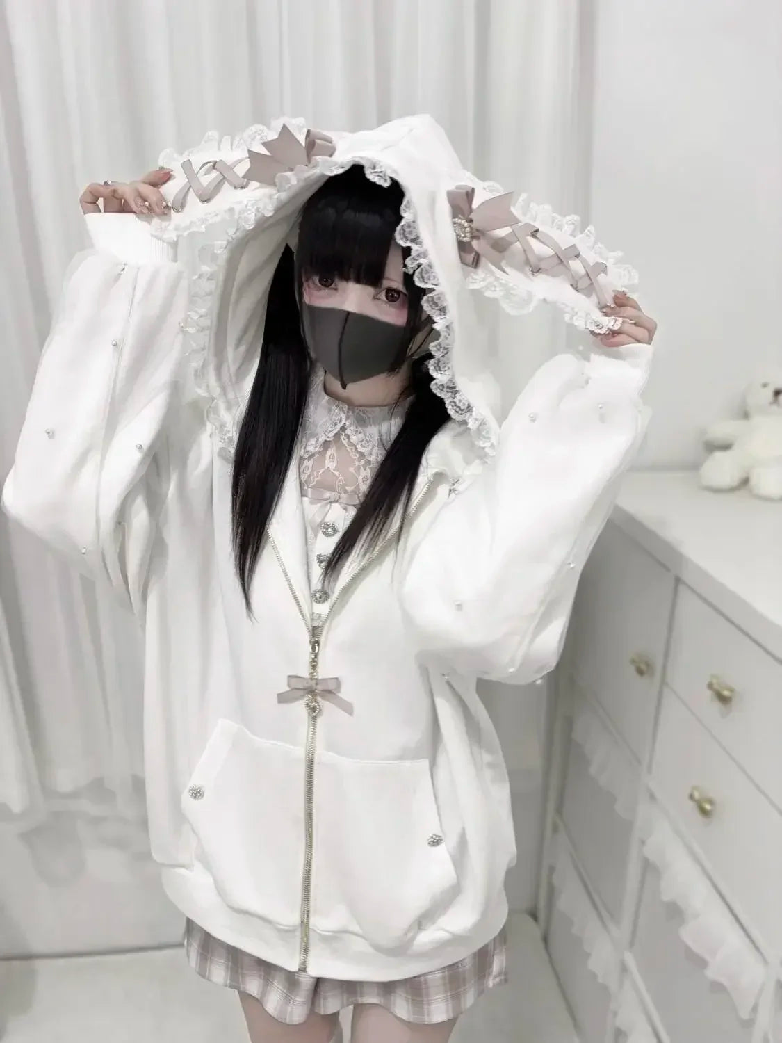 Japanese Kawaii Bunny Ear Hoodie Sweet Lace Rabbit's Ears Lolita Style Zipper Jackets Harajuku Kawaii Lace Bow Zipper Coat