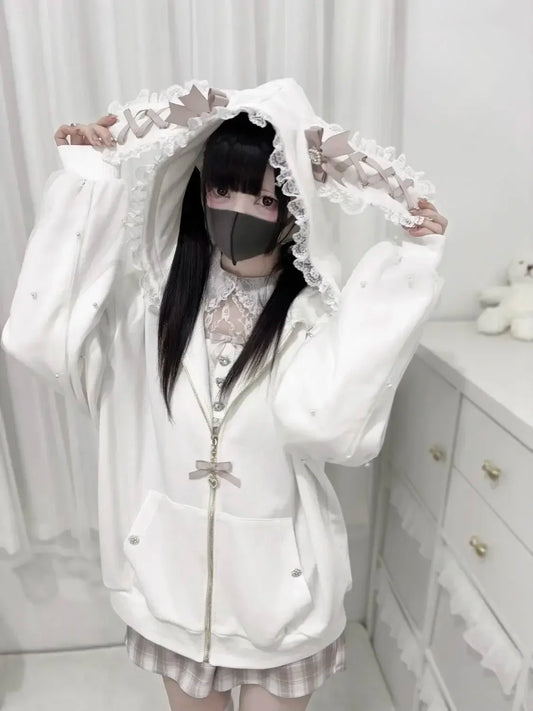 Japanese Kawaii Bunny Ear Hoodie Sweet Lace Rabbit's Ears Lolita Style Zipper Jackets Harajuku Kawaii Lace Bow Zipper Coat