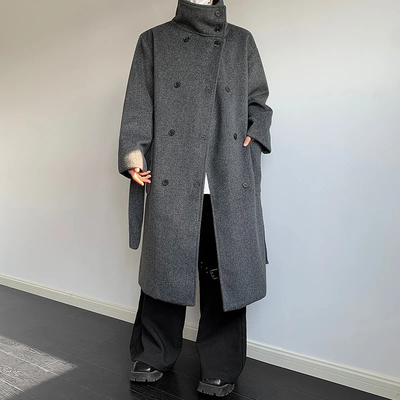 ZEESHANT Men's Double-Breasted Wool Blend Overcoat with Belt Loose Fit Solid Color Stand Collar Mid-Length Trench Coat for Autumn Winter