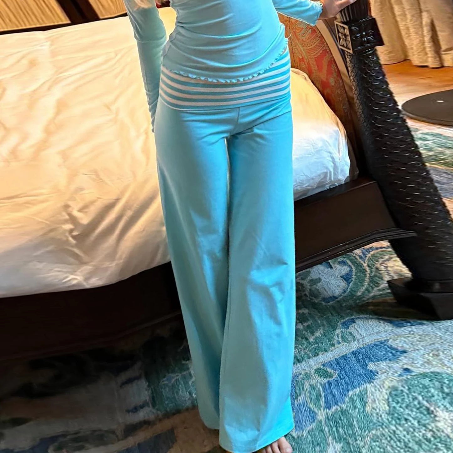 Hirigin Y2K Fold Over Wide Leg Pants Preppy Striped Patchwork Low Waist Trousers Casual Lounge Yoga Sweatpants