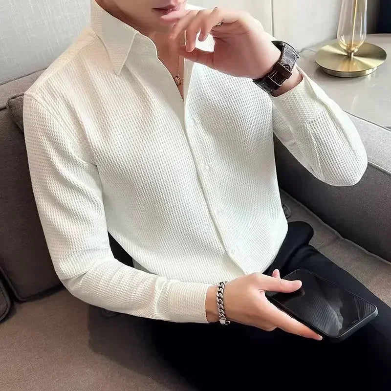 Male Shirts Green Plain Men's Shirt Business Waffle Designer Fashion 2025 Hipster Regular Elegant Slim Fit Cheap Brand Social I