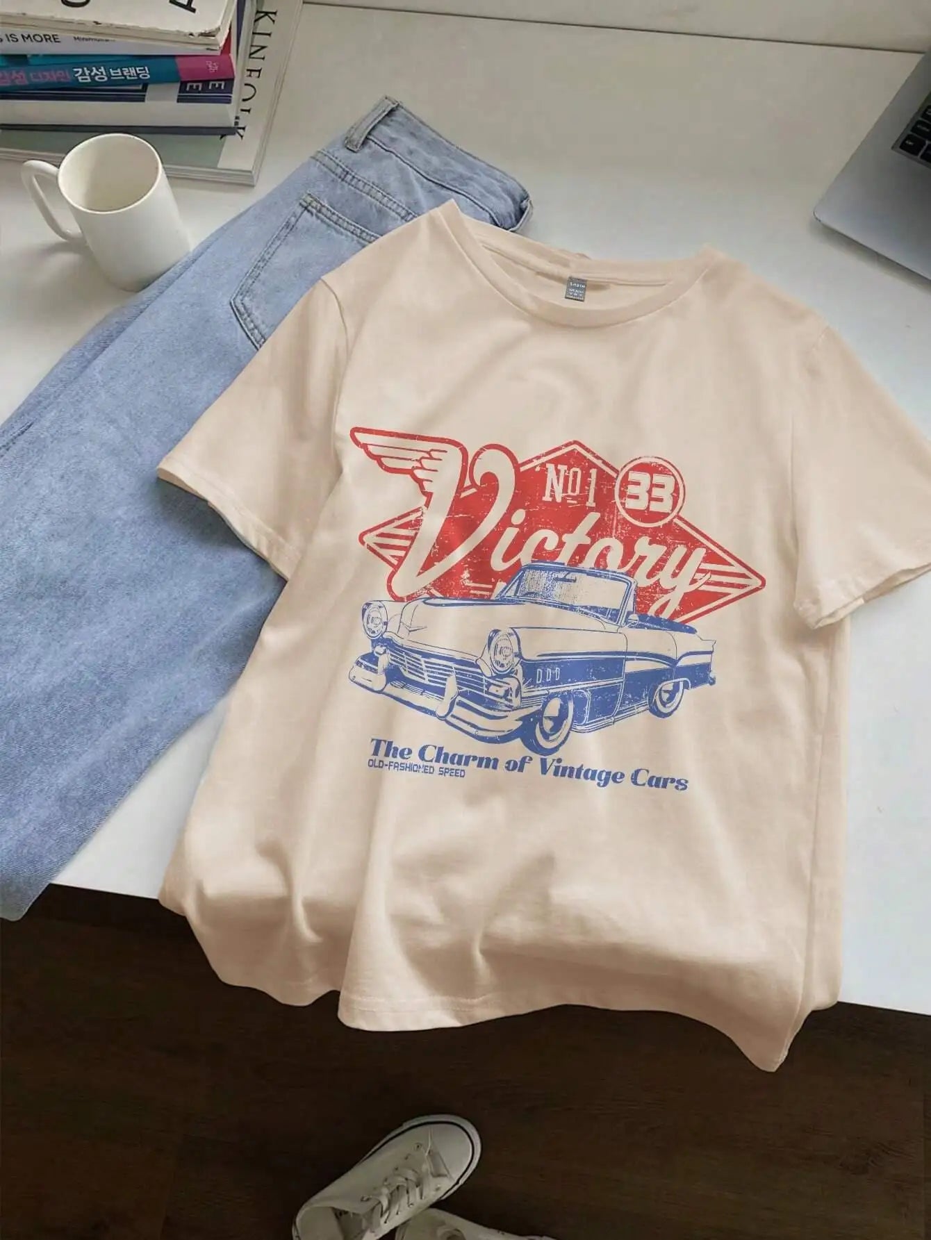 Women T-shirts The Charm Of Vintage Cars Victory Printing Short Sleeve O-Neck Tops Summer Street Clothes