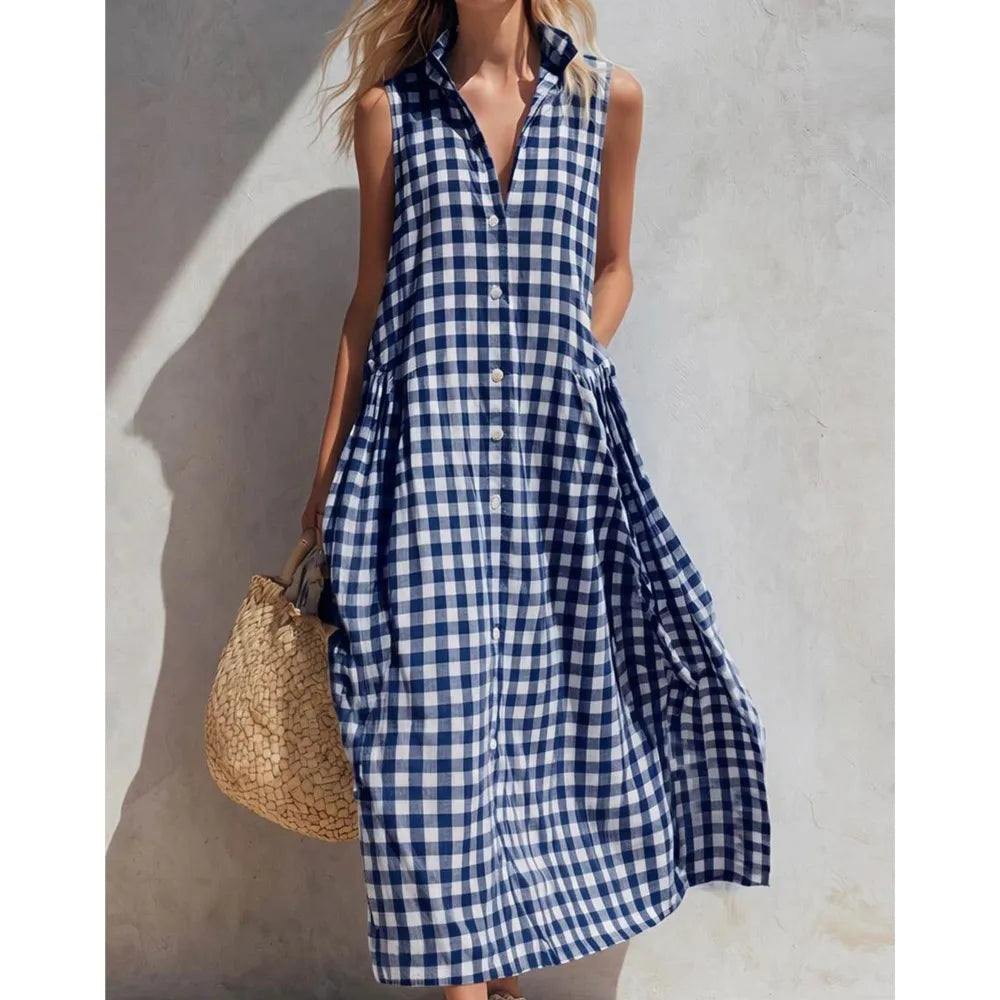 Plaid Sleeveless Vichy Single-breasted Fashion Resort Style Seaside Loose Long Skirt Dresses Ropa Mujer Roupas Feminina