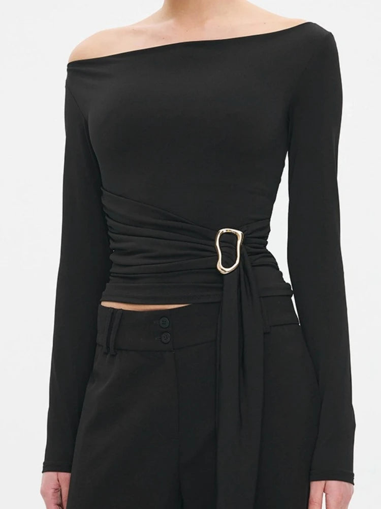 Long Sleeve T Shirts For Women Aesthetic Clothes Slash Neck Crop Top Tassels Tshirt Solid Color Camisetas Slim Fit Ropa De Mujer