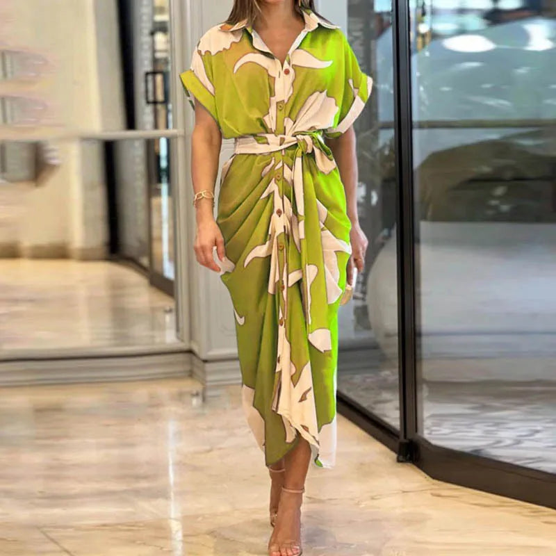Elegant Dresses For Lady Vestidos 2026 Woman Dress Vestido Commuting Temperament Printed Irregular Leace-up Lapel Slim Contrast