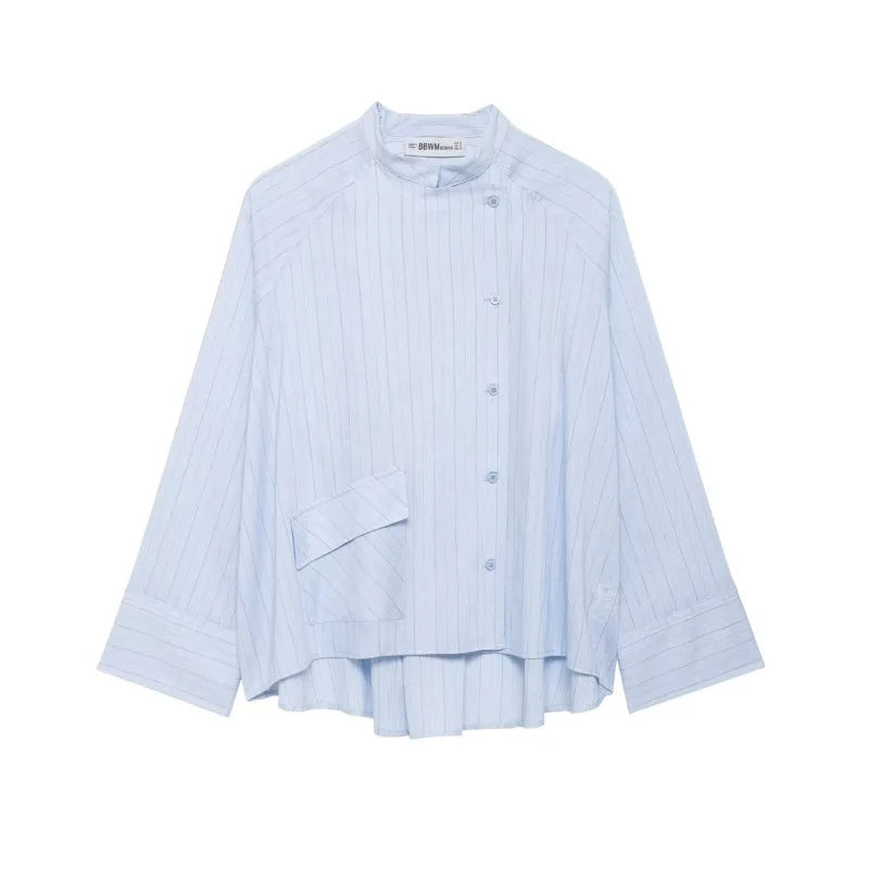 Women's Striped Shirt with Pocket New Spring Long Cuffed Sleeve O Neck Simple Women Shirt & Blouses Asymmetric Hem Female Tops