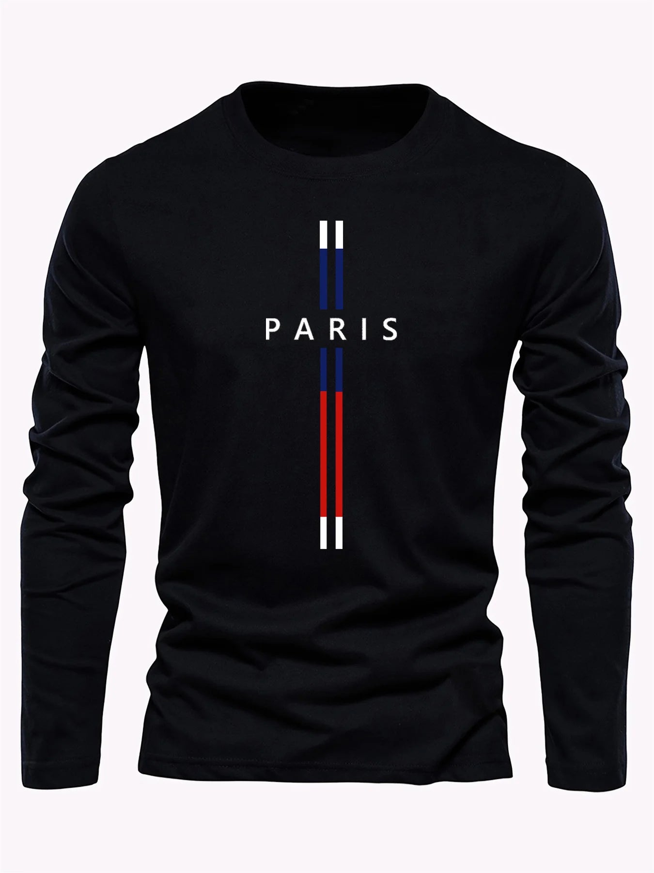 Paris Letter graphic print men's 100% pure cotton loose and comfortable sports and leisure round neck long sleeved T-shirt top