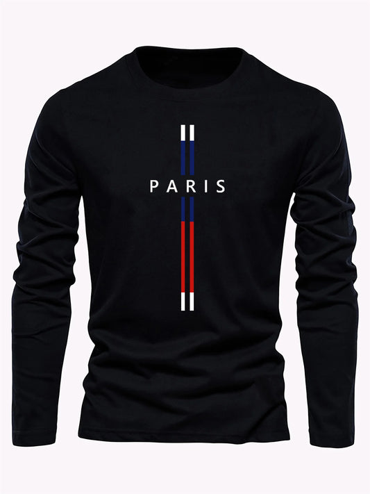 Paris Letter graphic print men's 100% pure cotton loose and comfortable sports and leisure round neck long sleeved T-shirt top