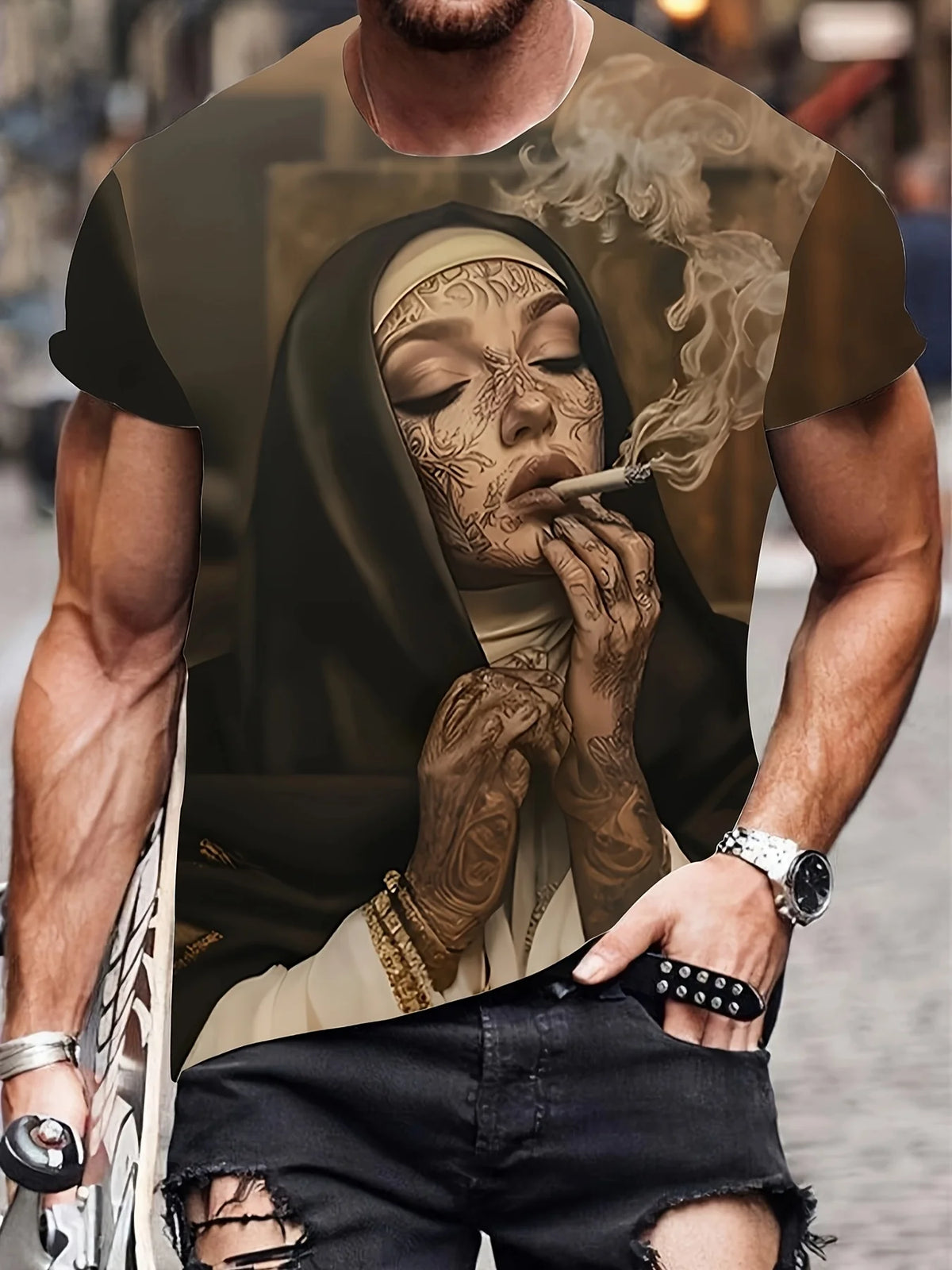 Men's  with Smoking Nun 3D Graphic T-Shirt Black Casual Summer Tee Short Sleeves Polyester  Streetwear T-Shirts Vintage Clothing