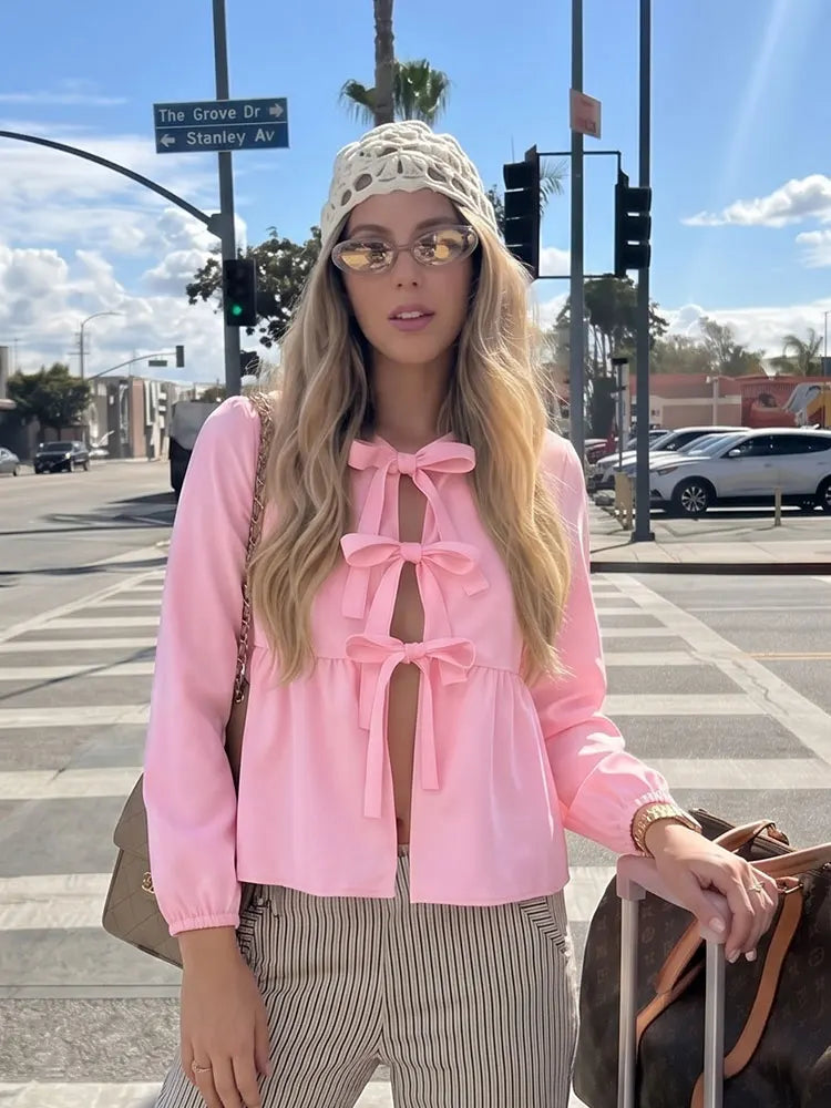 HH Shirts For Women Elegant Front Bow Tie Solid Blouse Puff Sleeve Spring Summer Casual Beach Vacation Streetwear Party Top