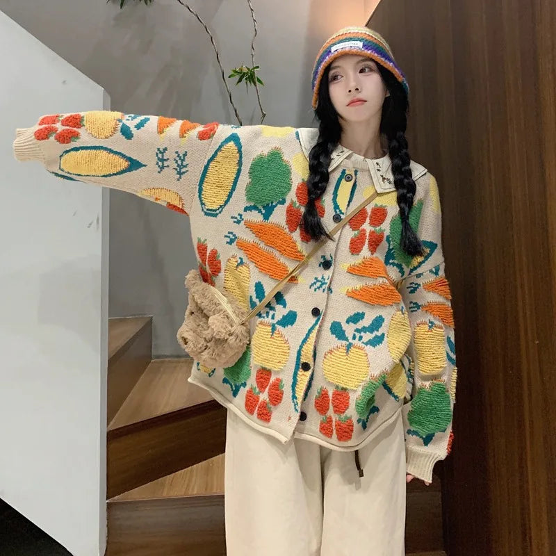 Women Sweaters Cardigan Print Floral Coats Full Sleeve Knitted Loose Jumpers Coat Top Regular Splice Single Breasted Outerwear