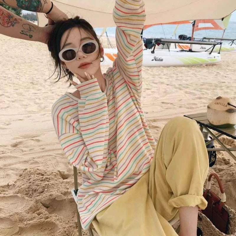 Long Sleeve T-shirts Women Striped Fashion Spring Cozy Loose Casual Panelled Korean Style Students All-match Lovely Female Chic