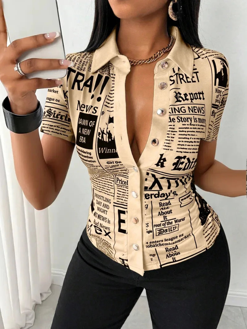 Shirt Top Women Letter Print Blouse Turn Down Collar Single Breasted Short Sleeves Tops 2025 Summer Office Lady Overshirt