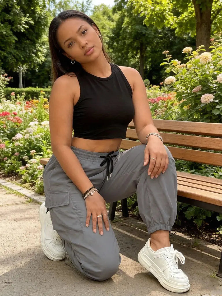 Women's Cargo Pants High Waist Elastic Waistband Drawstring Side Pocket Jogger Baggy Loose Fit Casual Sport Trousers for Summer