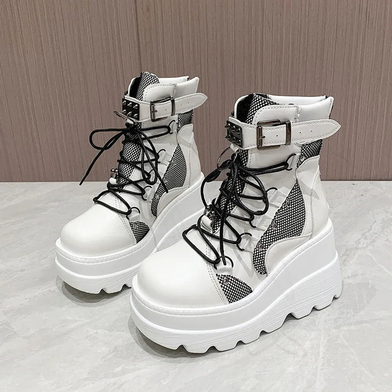 2025 New Design Punk Gothic Motorcycle Platform Boots (Chunky High Heel Ankle Boots Cool Wedge Black for Women)