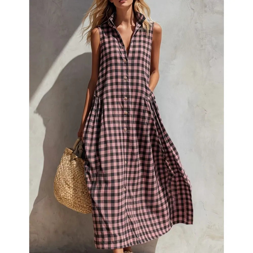 Plaid Sleeveless Vichy Single-breasted Fashion Resort Style Seaside Loose Long Skirt Dresses Ropa Mujer Roupas Feminina