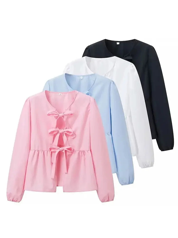 HH Shirts For Women Elegant Front Bow Tie Solid Blouse Puff Sleeve Spring Summer Casual Beach Vacation Streetwear Party Top