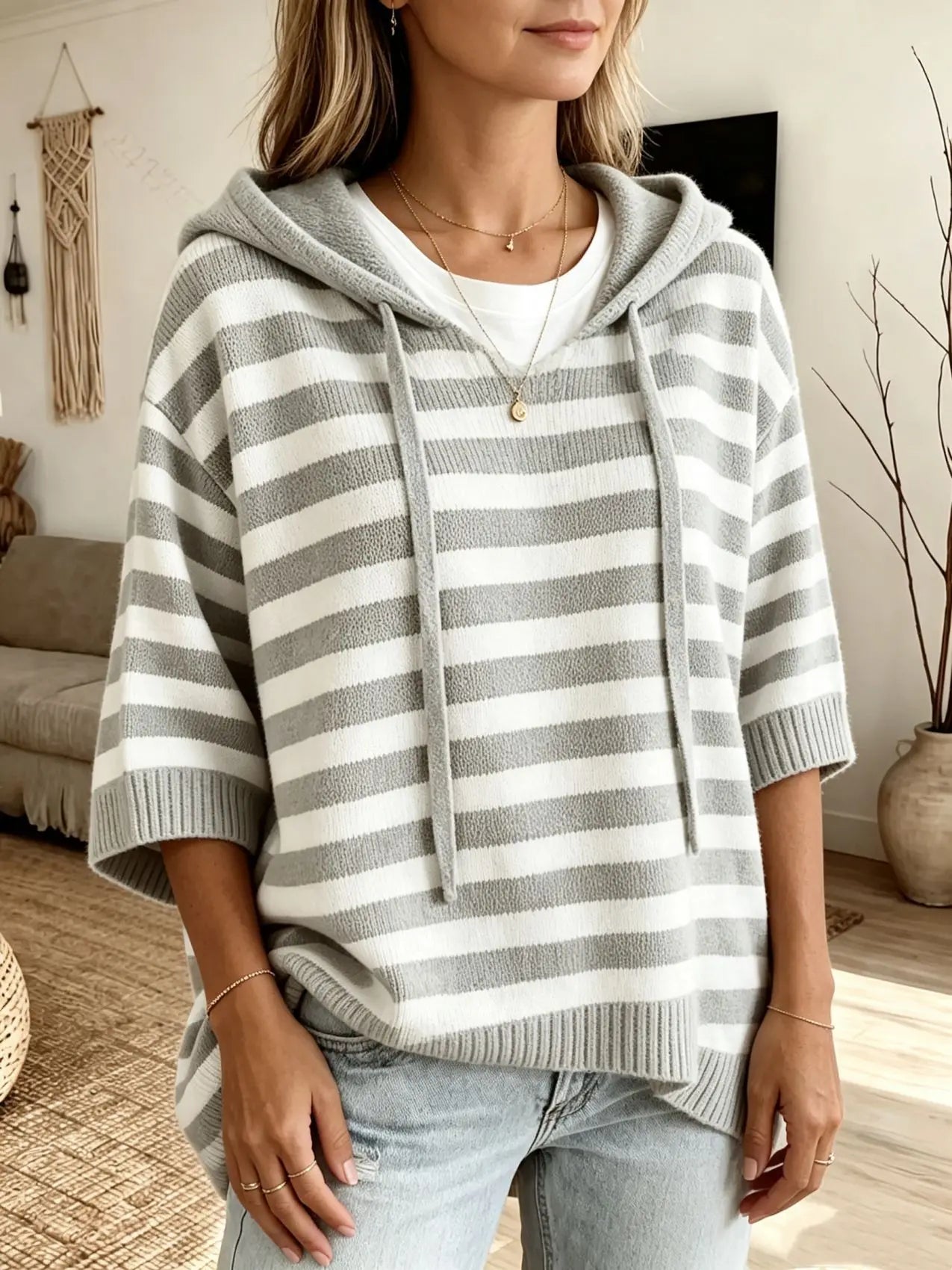 Women's Sweater New Hooded Drawstring Knitted Sweater Loose Long Sleeve Striped Jumper Women
