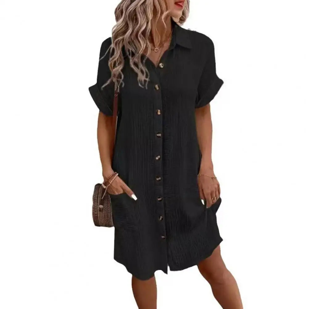 2026 Cotton Linen Dress Casual Button Down V-neck Dress Summer Short Sleeve Beach Sundress Elegant Maxi Dress