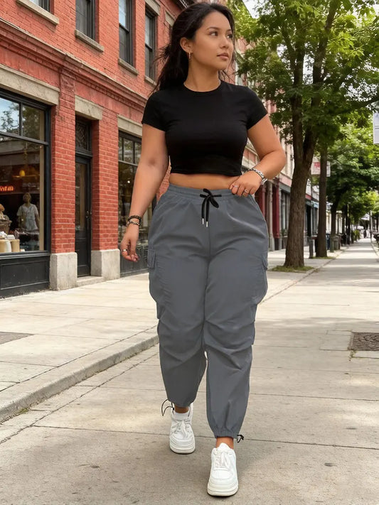 Women's Cargo Pants High Waist Elastic Waistband Drawstring Side Pocket Jogger Baggy Loose Fit Casual Sport Trousers for Summer